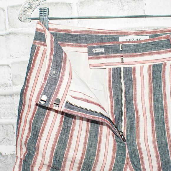 FRAME High Waist Linen Shorts Natural White Multi Stripe Size 2 - Picture 3 of 10